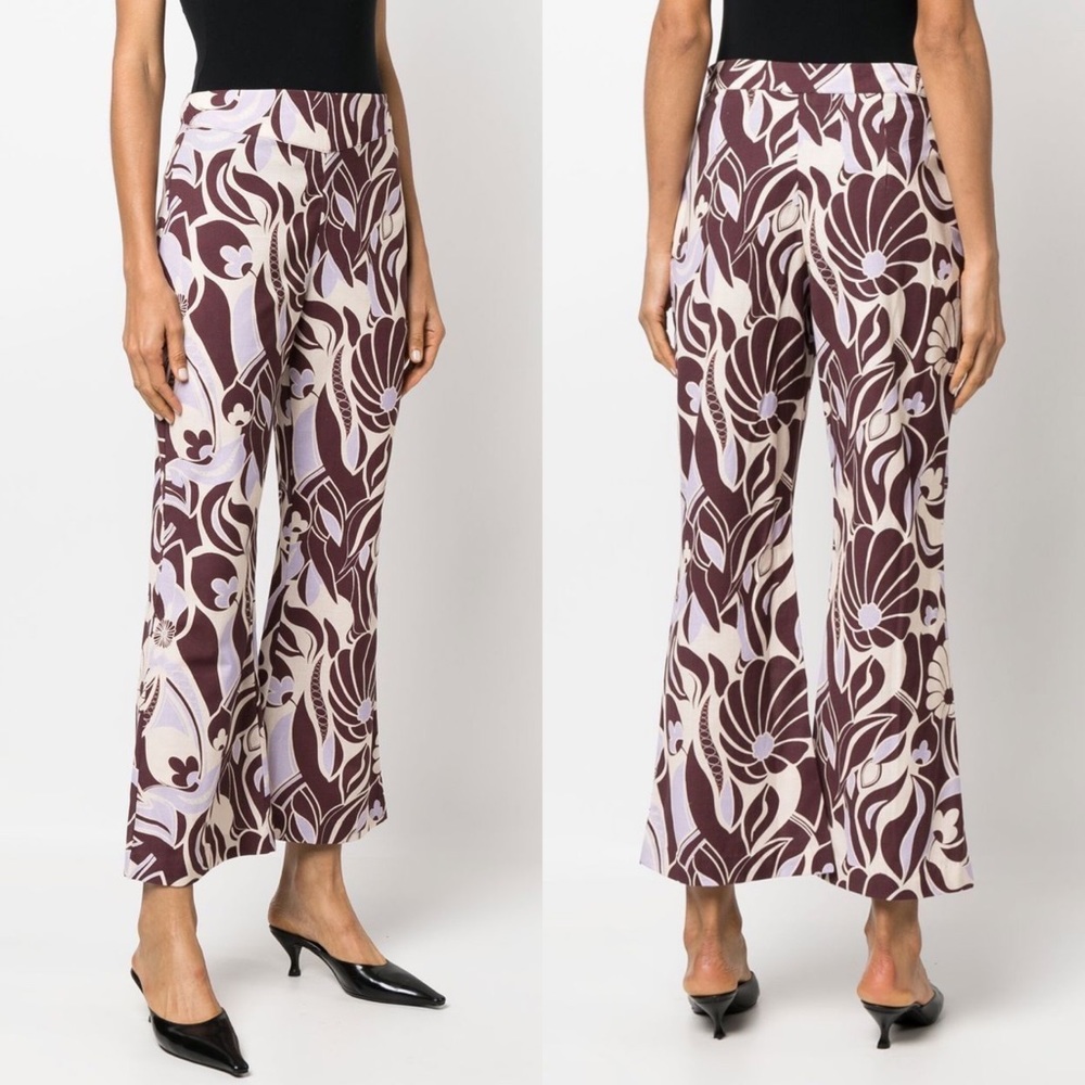 NEW NWT RIXO Mumbai Flared Print Trousers Chocolate Abstract Shell